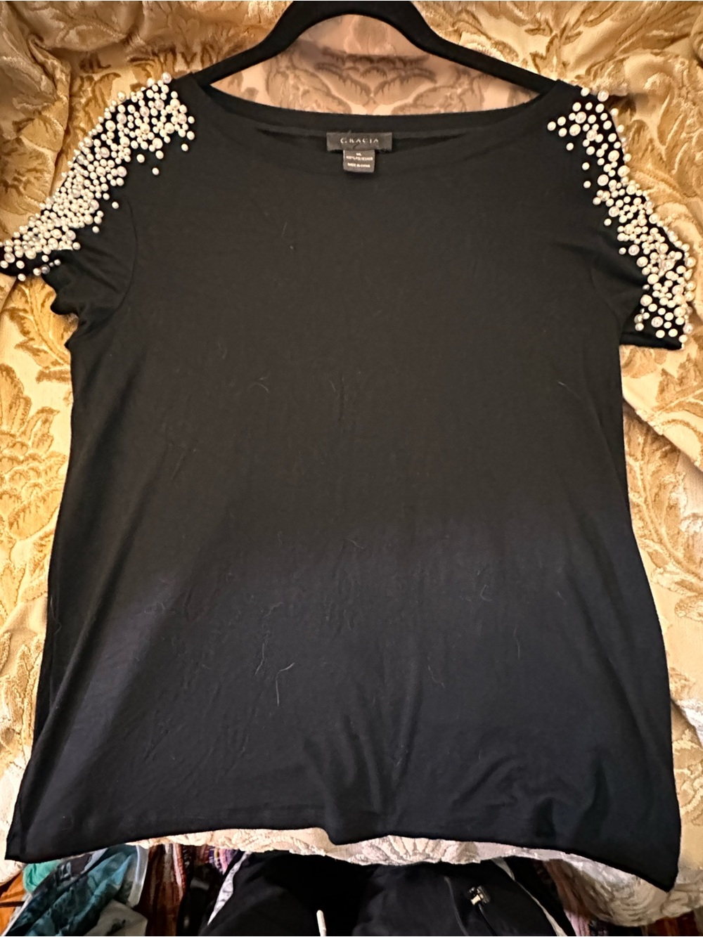 Gracia Black Short Sleeve Top with Pearl Shoulder Embellishments